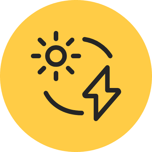 Icon of a sun & energy bolt, showing that households can sell energy high & buy low with Utilita Optimise & solar battery storage.
