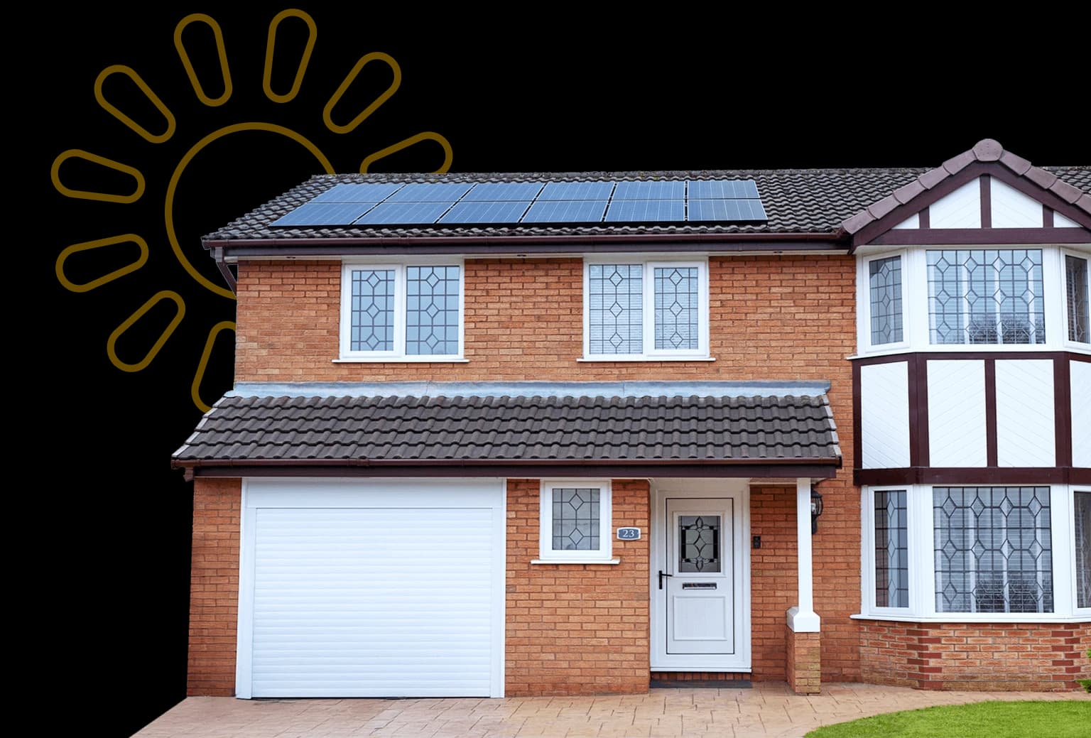 House with 12 solar panels & sun icon in the background, representing how homes can save with solar energy from Utilita Home.