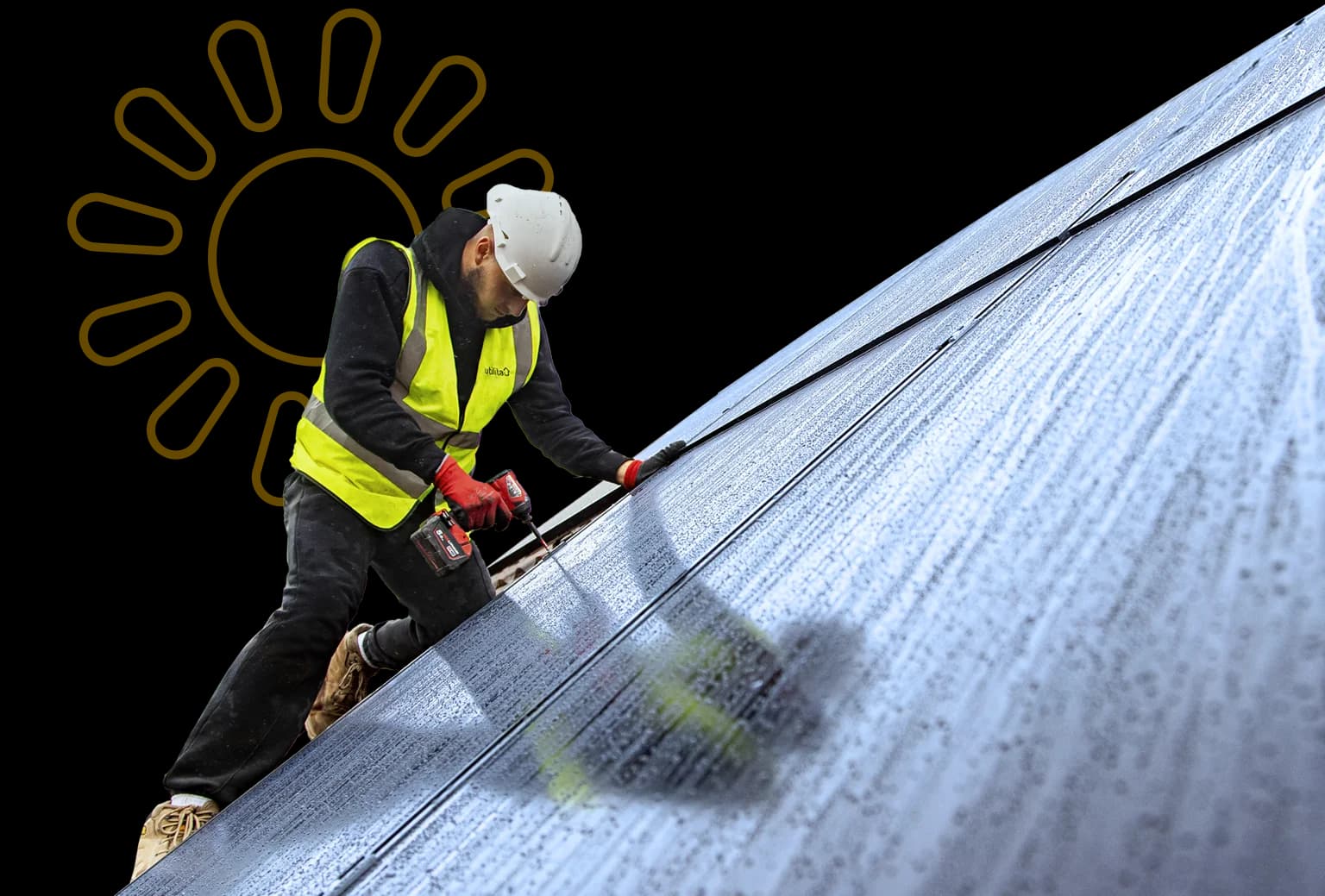 Utilita Home engineer installing solar panels on the roof of a house, with a sun icon behind him.